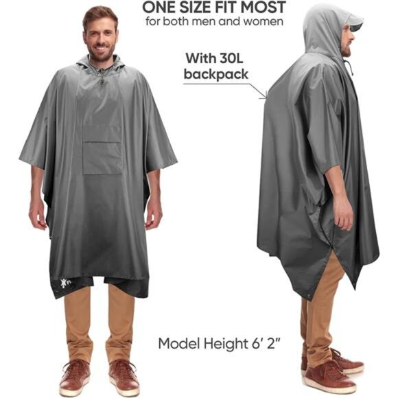 Hooded Rain Poncho for Adult with Pocket, Waterproof Lightweight Unisex - Picture 4 of 7